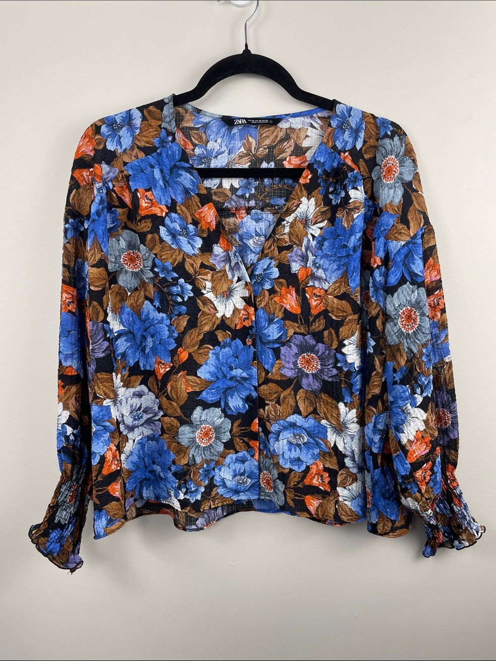 Zara Floral V-Neck Smocked Blouse | Blue & Brown | Boho Cottagecore | XS